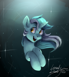 Size: 900x1000 | Tagged: safe, artist:lonelydust, lyra heartstrings, pony, unicorn, g4, bust, female, mare, smiling, solo, space, stars