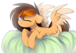 Size: 2829x1989 | Tagged: safe, artist:starlyfly, oc, oc only, oc:aerion featherquill, pegasus, pony, commission, female, looking at you, mare, one eye closed, pillow, simple background, solo, transparent background, wings, wink, ych result