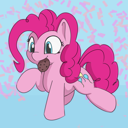Size: 750x750 | Tagged: safe, artist:treekickerdraws, pinkie pie, earth pony, pony, g4, blue background, confetti, cookie, cute, diapinkes, female, food, mare, mouth hold, ponk, raised hoof, raised leg, simple background, smiling, solo
