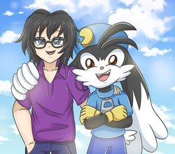 Size: 3113x2746 | Tagged: safe, artist:sumin6301, oc, oc only, equestria girls, g4, barely pony related, clothes, cloud, crossed arms, equestria girls-ified, glasses, high res, klonoa, looking at you, open mouth, side by side, sky