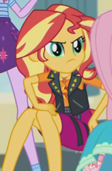 Size: 305x464 | Tagged: safe, screencap, fluttershy, sci-twi, sunset shimmer, twilight sparkle, equestria girls, equestria girls series, overpowered (equestria girls), angry, cropped, cute, female, frown, geode of empathy, legs, madorable, offscreen character, shimmerbetes, sunset shimmer is not amused, unamused, upset