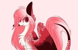 Size: 1024x657 | Tagged: dead source, safe, artist:php146, oc, oc only, oc:hoissuru, pegasus, pony, chest fluff, colored pupils, colored wings, female, leonine tail, looking at you, mare, multicolored wings, open mouth, pink background, simple background, sitting, solo