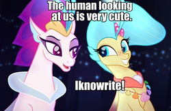 Size: 738x482 | Tagged: safe, edit, edited screencap, screencap, princess skystar, queen novo, seapony (g4), g4, my little pony: the movie, blue eyes, bronybait, bubble, collar, eyelashes, eyeshadow, female, fin wings, fins, flower, flower in hair, flowing mane, glowing, image macro, jewelry, like mother like daughter, like parent like child, makeup, meme, mother and daughter, necklace, ocean, open mouth, pearl necklace, purple eyes, seaquestria, seashell necklace, she knows, text, underwater, water, wings