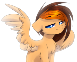 Size: 2455x1956 | Tagged: safe, artist:starlyfly, oc, oc only, oc:aerion featherquill, pegasus, pony, bedroom eyes, chest fluff, commission, eyebrows, female, looking at you, mare, one wing out, simple background, sitting, smiling, smirk, solo, transparent background, wings, ych result