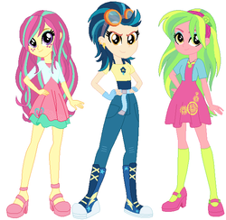 Size: 603x589 | Tagged: safe, artist:sarahgdo, indigo zap, lemon zest, sour sweet, equestria girls, g4, alternate clothes, alternate hairstyle, alternate universe, boots, clothes, dress, eyeshadow, female, goggles, hand on hip, headband, high heel boots, makeup, shirt, shoes, skirt, socks, trio