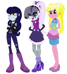 Size: 559x613 | Tagged: dead source, safe, artist:sarahgdo, coloratura, moonlight raven, sunshine smiles, human, equestria girls, g4, alternate universe, boots, choker, clothes, countess coloratura, equestria girls-ified, female, fishnet stockings, high heel boots, high heels, pantyhose, ponytail, ripped pants, shoes, skirt, torn clothes