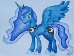 Size: 1908x1440 | Tagged: safe, artist:maximustimaeus, artist:maximustimeaus, princess luna, alicorn, pony, g4, colored pencil drawing, female, solo, spread wings, traditional art, wings
