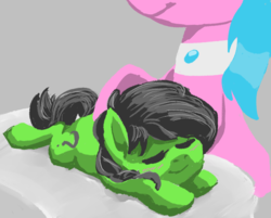 Size: 720x579 | Tagged: safe, artist:lockhe4rt, aloe, oc, oc:filly anon, g4, blushing, cute, female, filly, happy, lying down, massage, prone, smiling