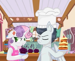 Size: 1264x1033 | Tagged: safe, artist:dsfranch, rumble, sweetie belle, pony, g4, cake, cupcake, food, older