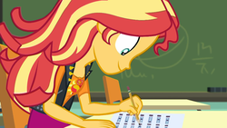 Size: 1920x1080 | Tagged: safe, screencap, sunset shimmer, equestria girls, g4, my little pony equestria girls: better together, the finals countdown, chalkboard, clothes, cutie mark, cutie mark on clothes, female, geode of empathy, jacket, jewelry, leather, leather jacket, magical geodes, necklace, pencil, smiling, solo