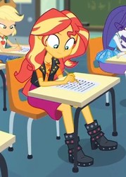 Size: 425x594 | Tagged: safe, screencap, applejack, rarity, sunset shimmer, equestria girls, g4, my little pony equestria girls: better together, the finals countdown, cropped, desk, pencil, sitting, solo focus