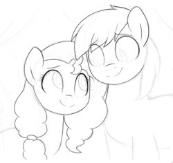 Size: 672x635 | Tagged: safe, artist:moozua, bright mac, pear butter, earth pony, pony, g4, couple, cute, female, lineart, looking at each other, male, mare, monochrome, ship:brightbutter, shipping, smiling, stallion, straight, wip