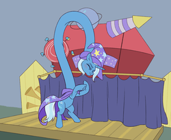 Size: 3373x2753 | Tagged: safe, artist:mellowhen, trixie, g4, are you frustrated?, cape, clothes, elongated, elongated body, female, hat, high res, impossibly long neck, long neck, meme, necc, rearing, scrunchy face, solo, stage, trixie's cape, trixie's hat, wat