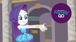 Size: 630x352 | Tagged: safe, screencap, rarity, equestria girls, g4, my little pony equestria girls: better together, school of rock, discovery family go, discovery family logo, female, solo