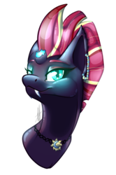 Size: 798x1200 | Tagged: safe, artist:rimmi1357, tempest shadow, pony, unicorn, vampire, g4, my little pony: the movie, broken horn, bust, eye scar, fangs, female, halloween, holiday, horn, jewelry, necklace, portrait, scar, simple background, smiling, solo, transparent background