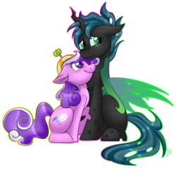 Size: 1024x991 | Tagged: safe, artist:whitehershey, screwball, oc, oc:mothball, changeling, earth pony, hybrid, pony, fanfic:daughter of discord, g4, backwards cutie mark, blushing, canon x oc, changeling oc, digital art, duo, female, interspecies offspring, male, mare, next generation, offspring, offspring shipping, parent:discord, parent:fluttershy, parent:queen chrysalis, parents:discoshy, ship:screwmoth, simple background, straight, transparent background