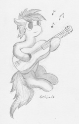 Size: 1529x2385 | Tagged: safe, artist:geljado, oc, oc only, earth pony, pony, bad guitar anatomy, guitar, male, monochrome, music notes, musical instrument, sketch, solo, traditional art