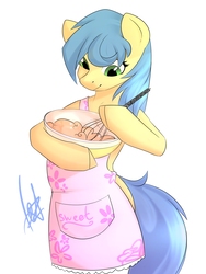 Size: 3000x4000 | Tagged: safe, artist:bored_user, oc, oc only, earth pony, semi-anthro, apron, bowl, clothes, cooking, female, mare, signature, simple background, solo, whisk, white background, ych result