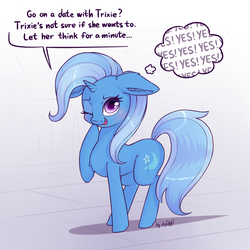 Size: 1600x1600 | Tagged: dead source, safe, artist:dsp2003, trixie, pony, unicorn, g4, blushing, chest fluff, comic, cute, dialogue, diatrixes, ear fluff, female, floppy ears, jojo's bizarre adventure, looking at you, mare, one eye closed, open mouth, raised hoof, single panel, smiling, solo, thought bubble