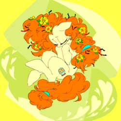 Size: 772x773 | Tagged: safe, artist:pettantantan, pear butter, earth pony, pony, g4, curled up, eyes closed, female, floppy ears, flower, flower in hair, high angle, hooves to the chest, legitimately amazing mspaint, ms paint, solo