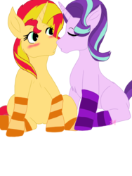 Size: 768x1024 | Tagged: safe, artist:artisticfangirl17, starlight glimmer, sunset shimmer, pony, unicorn, g4, blushing, chest fluff, clothes, cute, duo, eyes closed, female, glimmerbetes, lesbian, mare, shimmerbetes, ship:shimmerglimmer, shipping, simple background, socks, striped socks, transparent background