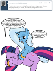 Size: 424x566 | Tagged: safe, artist:dekomaru, trixie, twilight sparkle, tumblr:ask twixie, g4, ask, female, lesbian, pregnant, ship:twixie, shipping, tumblr