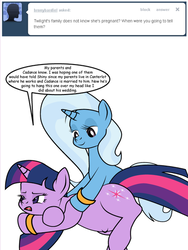 Size: 425x566 | Tagged: safe, artist:dekomaru, trixie, twilight sparkle, tumblr:ask twixie, g4, ask, female, lesbian, pregnant, ship:twixie, shipping, tumblr