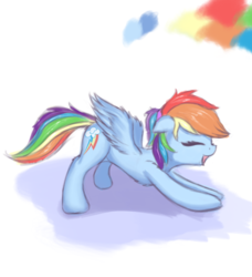 Size: 912x1000 | Tagged: safe, artist:twiren, rainbow dash, pegasus, pony, g4, chest fluff, eyes closed, female, iwtcird, mare, open mouth, simple background, smiling, solo, stretching