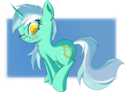 Size: 1539x1125 | Tagged: safe, artist:brok-enwings, lyra heartstrings, pony, unicorn, g4, abstract background, blushing, female, one eye closed, simple background, smiling, solo, wink