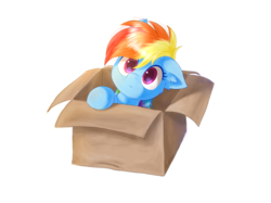 Size: 1707x1280 | Tagged: safe, artist:kaliner123, rainbow dash, pegasus, pony, fanfic:my little dashie, g4, box, cute, dashabetes, female, filly, filly rainbow dash, floppy ears, pony in a box, simple background, solo, transparent background, younger