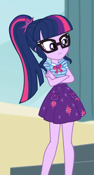 Size: 526x984 | Tagged: safe, screencap, sci-twi, twilight sparkle, equestria girls, g4, my little pony equestria girls: better together, overpowered (equestria girls), clothes, crossed arms, female, geode of telekinesis, glasses, legs, magical geodes, ponytail, ribbon, skirt, solo