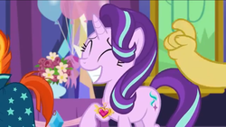 Size: 1136x640 | Tagged: safe, discord, starlight glimmer, sunburst, pony, unicorn, celestial advice, g4, season 7, balloon, big smile, equestrian pink heart of courage, eyes closed, female, flower, happy, male, mare, paws, stallion, tail