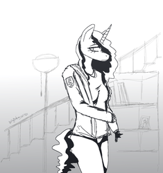 Size: 1015x1080 | Tagged: safe, artist:itzdatag0ndray, princess luna, anthro, g4, clothes, female, monochrome, simple background, sketch, solo