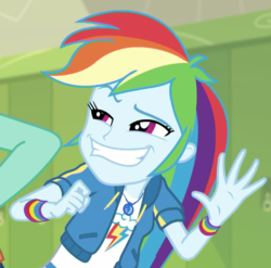 Size: 1168x1152 | Tagged: safe, screencap, rainbow dash, zephyr breeze, equestria girls, g4, my little pony equestria girls: better together, overpowered (equestria girls), cropped, faic, fake smile, geode of super speed, magical geodes, rainbow dash is best facemaker, smiling, solo focus