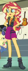 Size: 563x1394 | Tagged: safe, screencap, applejack, sunset shimmer, equestria girls, equestria girls series, g4, overpowered (equestria girls), geode of empathy, geode of super strength, guitar, hand on hip, solo focus