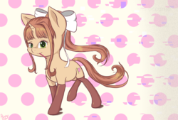 Size: 2039x1378 | Tagged: safe, artist:pexpy, pony, unicorn, spoiler:doki doki literature club, abstract background, clothes, doki doki literature club, error, female, glitch, just monika, latex, mare, monika, pen, polka dot background, ponified, solo, spoilers for another series, stockings, thigh highs