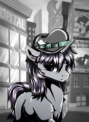 Size: 3000x4125 | Tagged: safe, artist:gaelledragons, oc, oc only, pony, unicorn, fanfic:la maladie venue d'ailleurs, billboard, chest fluff, city, commission, fanfic, fanfic art, female, french, frown, grayscale, hat, high res, mare, monochrome, partial color, solo focus