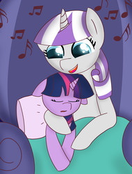 Size: 3458x4562 | Tagged: safe, artist:skyflys, twilight sparkle, twilight velvet, g4, colored pupils, cute, female, filly, filly twilight sparkle, lullaby, mother and child, mother and daughter, sleeping, twiabetes, younger
