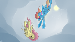 Size: 1024x576 | Tagged: safe, artist:ezupack, fluttershy, rainbow dash, pony, g4, falling, flying, unconscious