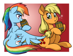 Size: 3300x2550 | Tagged: safe, artist:latecustomer, applejack, rainbow dash, earth pony, pegasus, pony, g4, apple cider, blushing, butt touch, cider, feathermarking, female, high res, lesbian, mare, never doubt tchernobog's involvement, ship:appledash, shipping, sitting, wings
