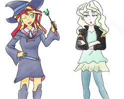 Size: 1280x1024 | Tagged: safe, artist:pinkskin369, sunset shimmer, equestria girls, g4, clothes, crossed arms, crossover, diana, diana cavendish, dress, hat, little witch academia, looking at each other, one eye closed, open mouth, raised arm, simple background, wink