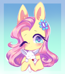 Size: 1197x1354 | Tagged: safe, artist:lnspira, angel bunny, fluttershy, pegasus, pony, g4, blue eyes, blushing, bust, cute, duo, flower, flower in hair, heart eyes, holding, looking at you, one eye closed, pink hair, portrait, shyabetes, smiling, wingding eyes, wink