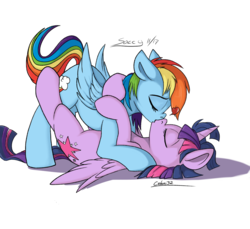 Size: 1261x1155 | Tagged: safe, artist:php188, artist:soccy, rainbow dash, twilight sparkle, alicorn, pegasus, pony, g4, duo, duo female, eyes closed, female, heart, kiss on the lips, kissing, lesbian, mare, on back, ship:twidash, shipping, signature, simple background, twilight sparkle (alicorn), white background