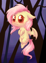 Size: 512x706 | Tagged: safe, artist:equum_amici, artist:pucksterv, fluttershy, bat pony, pony, g4, animated, bat wings, blushing, cinemagraph, cute, cute little fangs, fangs, female, floppy ears, flutterbat, forest, hooves to the chest, looking at you, race swap, red eyes, shyabates, shyabetes, solo, spread wings, wings