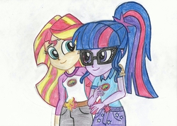 Size: 2336x1660 | Tagged: safe, artist:cybertronianbrony, sci-twi, sunset shimmer, twilight sparkle, equestria girls, g4, my little pony equestria girls: legend of everfree, clothes, duo, female, lesbian, ship:sci-twishimmer, ship:sunsetsparkle, shipping, shorts, traditional art