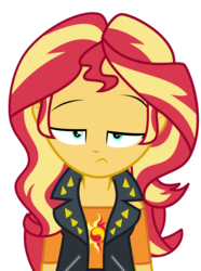 Size: 2546x3431 | Tagged: safe, artist:keronianniroro, sunset shimmer, equestria girls, g4, my little pony equestria girls: better together, clothes, female, high res, jacket, lidded eyes, looking at you, simple background, solo, sunset shimmer is not amused, transparent background, unamused, vector