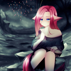 Size: 900x900 | Tagged: dead source, safe, artist:jacky-bunny, pinkie pie, human, friendship is witchcraft, g4, balloon, bare shoulders, clothes, crying, ear fluff, eared humanization, female, humanized, musical instrument, night, oversized clothes, oversized shirt, pinkamena diane pie, sad, shirt, sitting, solo, tailed humanization, tambourine