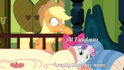 Size: 1102x620 | Tagged: safe, edit, applejack, sweetie belle, g4, gif, i really like her mane, non-animated gif, text