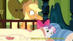 Size: 1102x620 | Tagged: safe, edit, edited screencap, screencap, applejack, sweetie belle, earth pony, pony, unicorn, g4, bed, caption, descriptive noise, fear wetting, female, filly, gif, implied bedwetting, implied pissing, implied wetting, mare, non-animated gif, pillow, rapeface, scared, shrunken pupils, text
