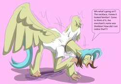 Size: 1600x1122 | Tagged: safe, artist:tfsubmissions, princess skystar, classical hippogriff, hippogriff, human, g4, my little pony: the movie, clothes, glasses, glowing necklace, human to classical hippogriff, human to hippogriff, jewelry, mid-transformation, necklace, one eye closed, open mouth, pants, pink background, ripped, ripped shirt, seashell, shadow, shirt, simple background, speech bubble, torn clothes, transformation